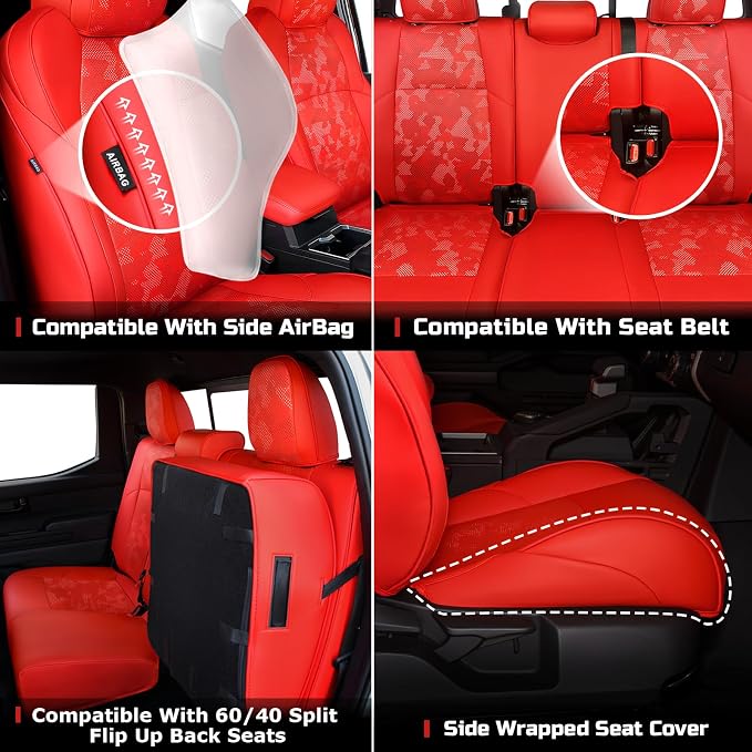 Carlimeki Leather Seat Covers Custom Fit for Tacoma Gen 4th (2024-2026) Double Cab, for SR, SR5, TRD PreRunner, TRD Sport, TRD Off-Road, Limited, Trailhunter - Armrest Covers Included - Fully Covered