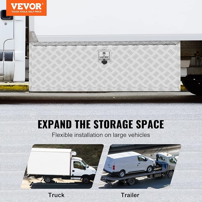 VEVOR Underbody Truck Box, 48"×24"×24" Pickup Storage Box, Heavy Duty Aluminum Diamond Plate Tool Box with Lock and Keys, Waterproof Trailer Storage Box with T-Handle Latch for Truck, Van, Trailer