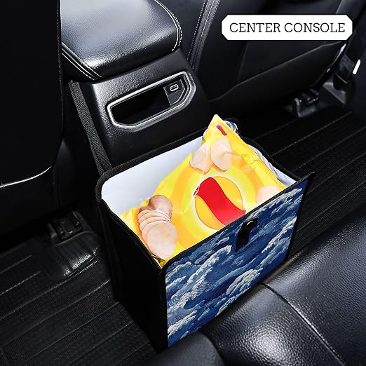 Car Trash Can Organizer Bin with Adjustable Strap for Back Front Seat Console Waterproof Leakproof Collapsible Portable 8.66 Inch Blue Ocean Waves