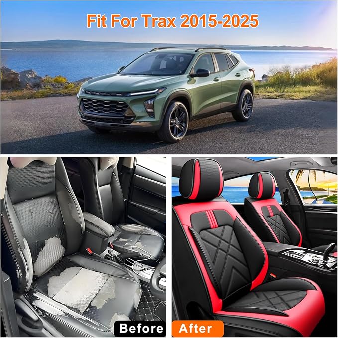 Trax Car Seat Covers Fit for Chevrolet/Chevy Trax 2024 2025 2026, Full Coverage Leather Waterproof Breathable Seat Covers, Automotive Seat Protectors, Airbag Compatible (5 Seats, Red Black)