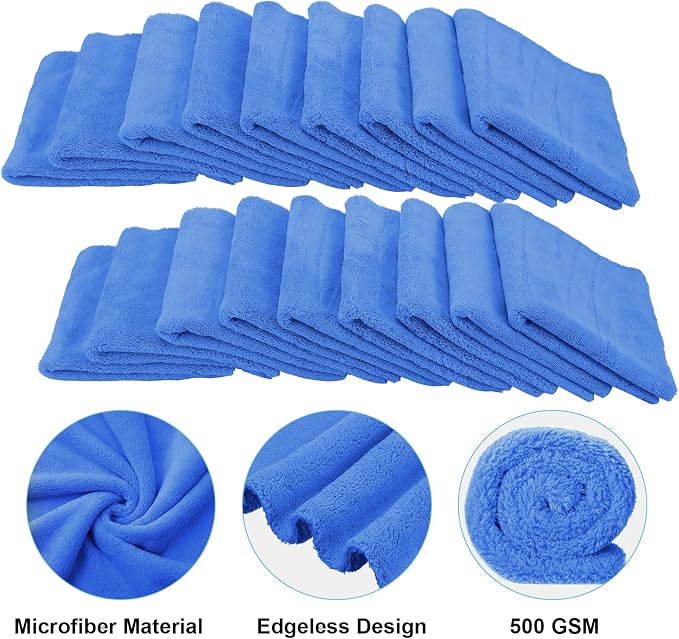 Shimeyao 30 Pcs 12 x 16 Inch Edgeless Microfiber Plush Towels for Cars Detailing Drying Wash Polishing Absorbent Cleaning Cloths, 500 GSM (Dark Blue)