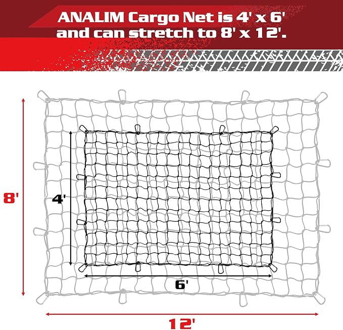ANALIM Cargo Net for Pickup Truck Bed, 4' x 6' Stretches to 8' x 12' Heavy Duty Bungee Cargo Net with 12 Pcs Metal Carabiner Clips, Tie-Down Mesh Cord Net for Trailer Luggage