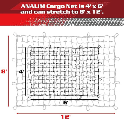 ANALIM Cargo Net for Pickup Truck Bed, 4' x 6' Stretches to 8' x 12' Heavy Duty Bungee Cargo Net with 12 Pcs Metal Carabiner Clips, Tie-Down Mesh Cord Net for Trailer Luggage