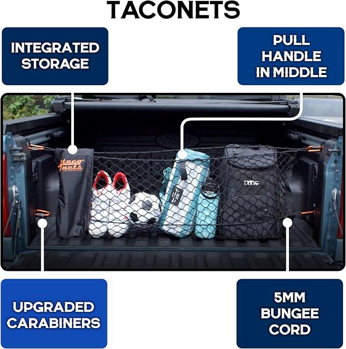 TacoNets Envelope Cargo Net for Ford Maverick - Fits 2022-Current - Upgraded 5mm Bungee - Integrated Storage Bag - Heavy Duty Carabiners - Designed in USA