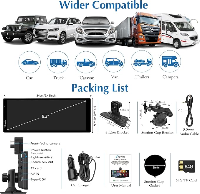 Carpuride 4K W903 Portable Wireless Carplay & Android Auto with Dash Cam - 9.3" HD IPS Screen, 4K Front Camera, Loop Recording, Bluetooth, Mirror Link, GPS, Siri, Dashboard Mounted