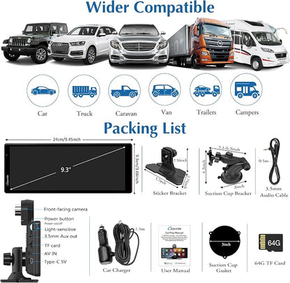 Carpuride 4K W903 Portable Wireless Carplay & Android Auto with Dash Cam - 9.3" HD IPS Screen, 4K Front Camera, Loop Recording, Bluetooth, Mirror Link, GPS, Siri, Dashboard Mounted