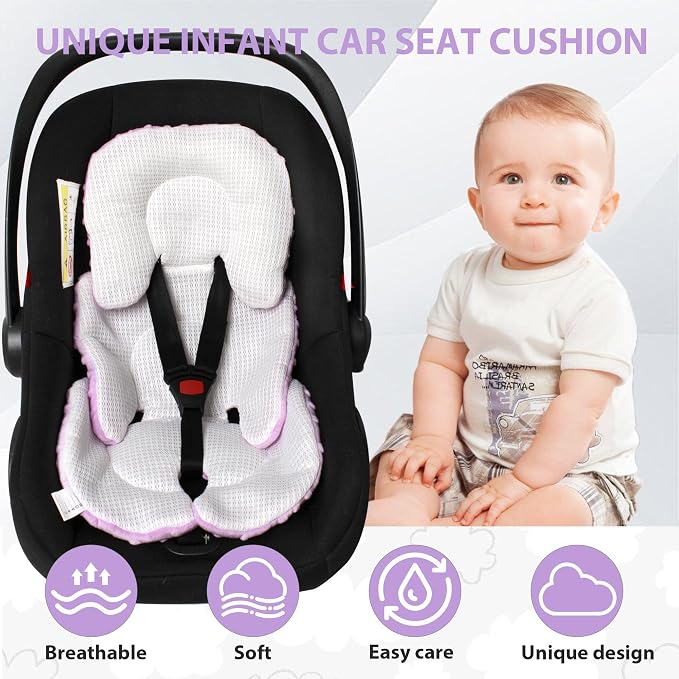 Infant Carseat Insert, 2-in-1 Reversible Baby Car Seat Cushion for Newborn Toddler Head & Body Support Car Seat Pad for Carseats, Strollers, Swings, Bouncers(Purple)