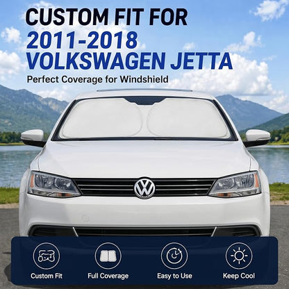 Custom Fit Windshield Sun Shade for Volkswagen VW Jetta 2011-2018 | Custom Fit Windshield Cover, Blocks UV Rays, Double-Layer Heat Shield, Durable Frame, Easy Fold & Storage