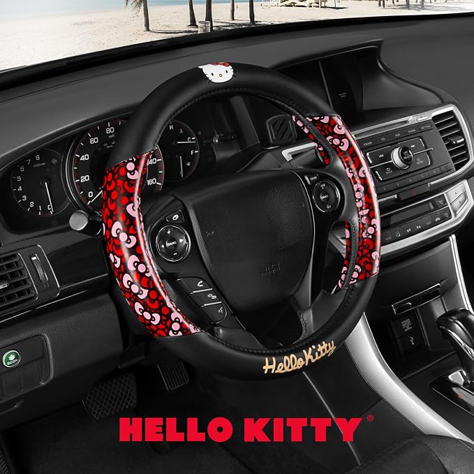 Hello Kitty Steering Wheel Cover, Official Sanrio Car Steering Wheel Cover with Universal Size 14.5-15.5, Cute Black for Women, Hello Kitty Car Accessories (Hello Kitty Bows)