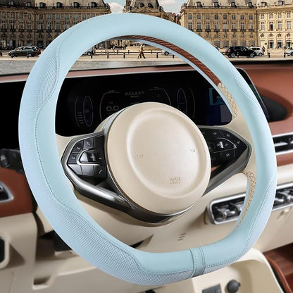 Nappa Leather Blue D Shape Steering Wheel Cover, Advanced Microfiber Leather Non-Slip Breathable Fabric, Warm in Winter and Cool in Summer, Universal 15 inch