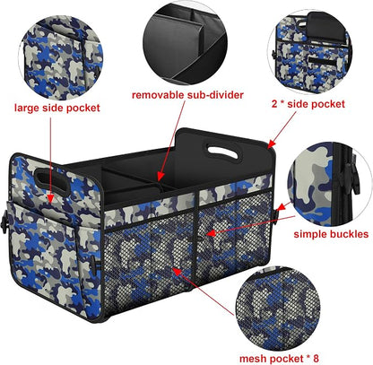 Femuar Car Trunk Organizer with 72L Large Capacity Waterproof Collapsible and 11 Pockets, Trunk Organizer for Car SUV/Jeep/Sedan, Large Size, Blue Camouflage