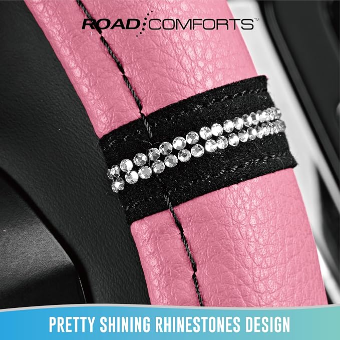 Road Comforts Leopard Steering Wheel Cover for Women, Cute Anti-Slip Microfiber Leather, Universal Fit 14.5-15 Inch Round Steering Wheel - Pink