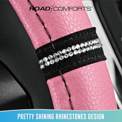 Road Comforts Leopard Steering Wheel Cover for Women, Cute Anti-Slip Microfiber Leather, Universal Fit 14.5-15 Inch Round Steering Wheel - Pink