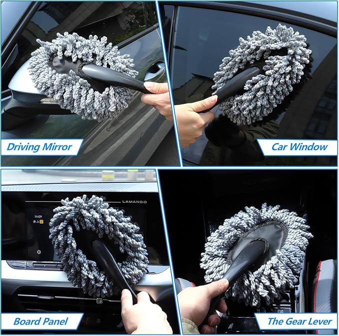 Car Duster, 2 Pack Super Soft Microfiber Dash Duster Detail Brush Set Interior Exterior Cleaning Dusting and Washing Tool for Cars, Trucks, SUVs & RV - Gray