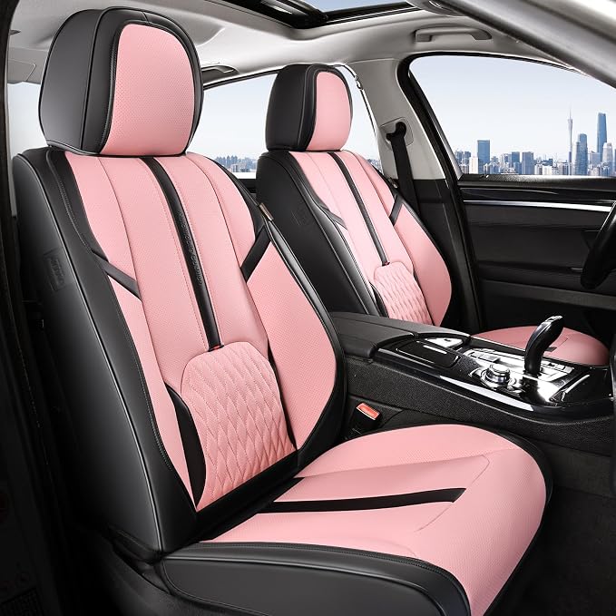 Coverado Seat Covers for Cars, Automotive Seat Covers for Front Seat, Leather Car Seat Covers, Waterproof Car Seat Protector, Universal Car Seat Cushions Fit for Most Cars SUV Trucks (Black&Pink)