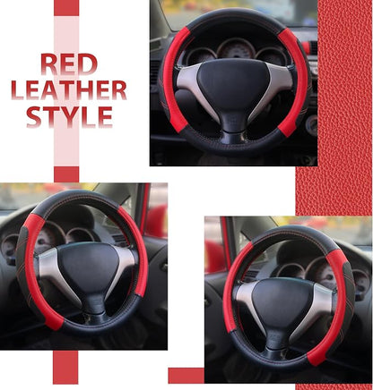 Elantrip Leather Steering Wheel Cover 14 1/2 to 15 inch Universal Padded Soft Grip Breathable for Car Truck SUV Jeep Anti Slip Black and Red