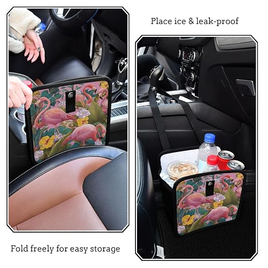 Car Trash Can Organizer Bin with Adjustable Strap for Back Front Seat Console Waterproof Leakproof Collapsible Portable 11 Inch Pink Romantic Tropical Flamingo and Plants