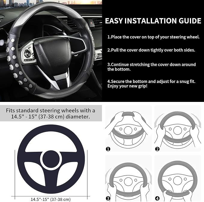 PU Leather Car Steering Wheel Cover with Anti-Slip Grip, for Women and Men, Universal Fit for 14.5-15 Inch Cars, Trucks, SUVs (Gray (Round), Medium(Standard) Size[14 1/2''-15''])