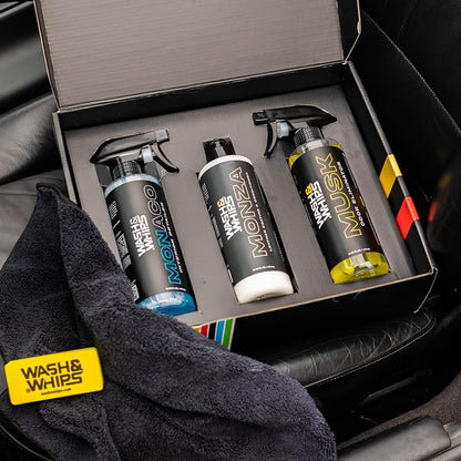 WASH&WHIPS CLEAN - Interior Car Wash Kit (Step 2) – Monaco Interior Cleaner, Musk Odor Eliminator, Monza Leather Conditioner – All-Purpose, Safe for All Surfaces, Effective for a Luxurious Finish