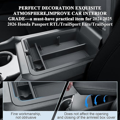 BIBIBO for 2026 Honda Passport Center Console Organizer 2026 Honda Passport RTL/TrailSport Elite/TrailSport Console Tray 2026 Passport Insert Glove Pallet Organizer 2026 Passport (Black-A)