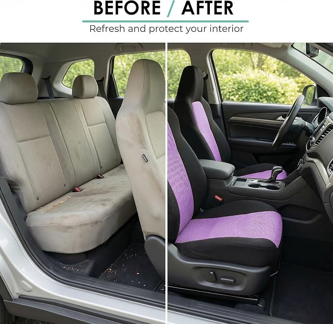 FH Group Automotive Full Car Seat Covers for SUV, Trucks, Sedan and More - Universal Fit Front High Back & Rear Solid Bench Design Interior Accessories - 3D Air Mesh Fabric Center Panel - Purple