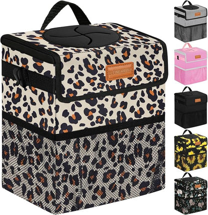 ELONGRIVER Car Trash Can Bin for Back Seat Leak Proof, Cute Car Trash Bag Hanging, Vehicle Trash Can for SUV Truck Van, Automotive Garbage Cans Front Seat Leopard Print