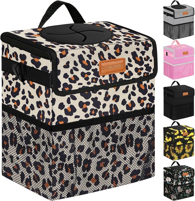 ELONGRIVER Car Trash Can Bin for Back Seat Leak Proof, Cute Car Trash Bag Hanging, Vehicle Trash Can for SUV Truck Van, Automotive Garbage Cans Front Seat Leopard Print, 2 Gallons