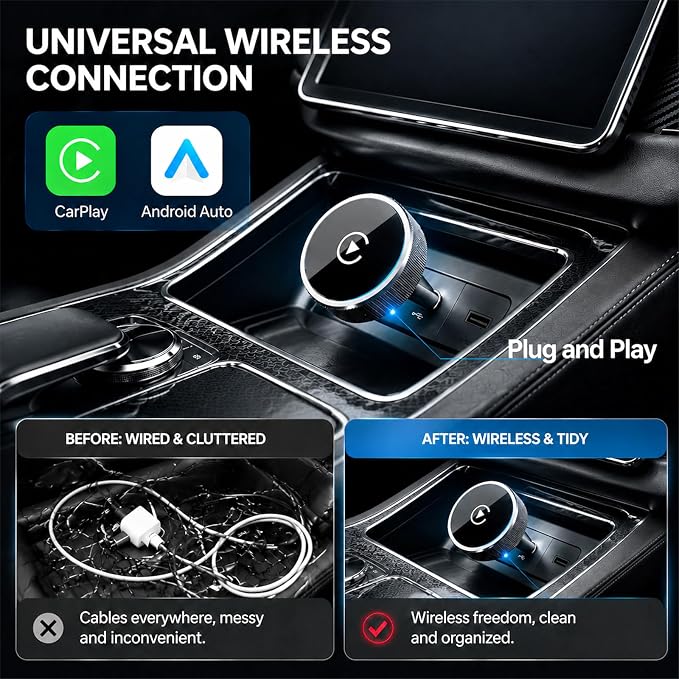 Wireless CarPlay Adapter & Android Auto Wireless Adapter, 2026 2-in-1 CarPlay Wireless Adapter for iPhone,Converts Factory Wired CarPlay/Android Auto to Wireless, USB/USB-C Dongle for Cars
