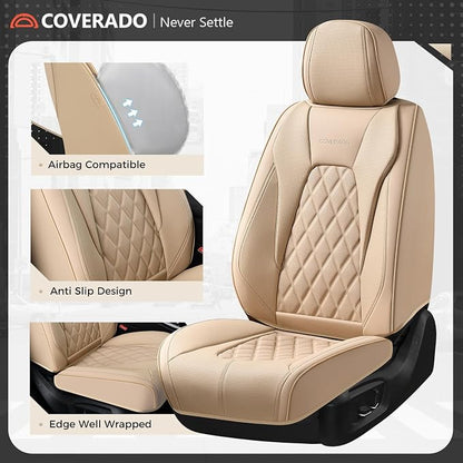 Coverado Leather Seat Covers, Car Seat Cover Full Set, 5 Seats Beige Seat Covers, Automotive Seat Covers Waterproof Car Seat Cushion Protectors Universal Seat Cover Fit for Most Cars Trucks SUV