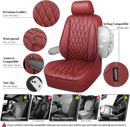 CAR PASS Piping Luxury Faux PU Leather Two Front Car Seat Covers, Waterproof Anti Slip Premium Automotive Seat Covers,Universal Fit for Suvs,Vans,Trucks, Armrest Airbag Compatible, Burgundy Red
