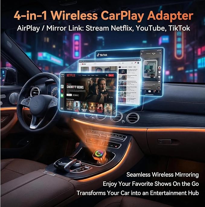 4-in-1 Wireless CarPlay Adapter with Screen Mirroring, Watch Netflix/YouTube in Car, Android Auto AirPlay Mirror Link, Plug & Play No App, Compatible with 800+ Cars iPhone Android