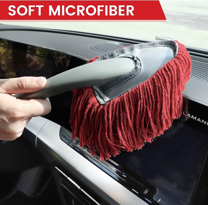 IPELY 2 Pack Large Car Duster Exterior Scratch Free with Extendable Handle and Car Duster Interior, Wax Cotton Hair Dusters (Red)