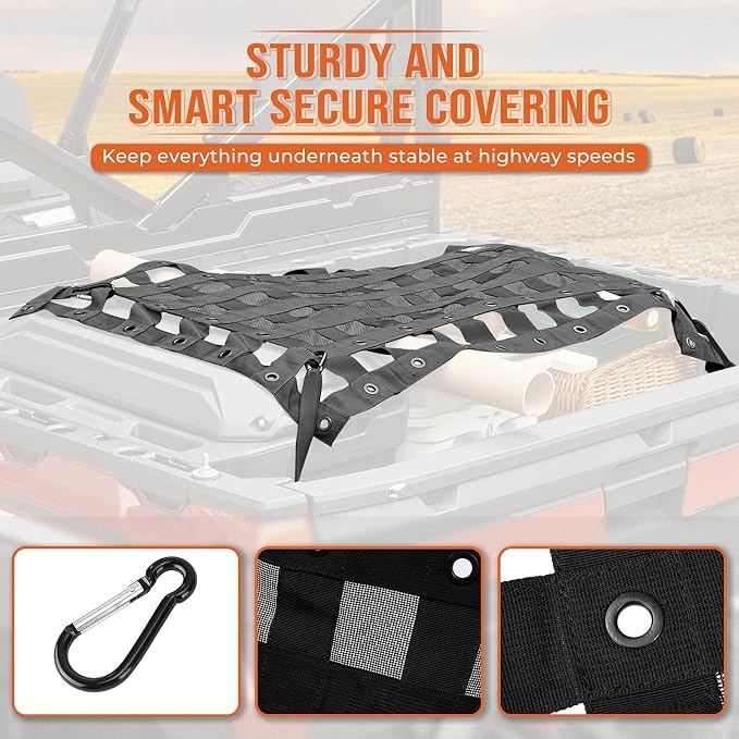 Kemimoto UTV Cargo Bed Net Stretchable UTV Cargo Box Net Rack Bed Rail Bungee Netting with Straps Compatible with Polaris Ranger General Can am Defender Commander Maverick Pioneer- 47" L* 27" W