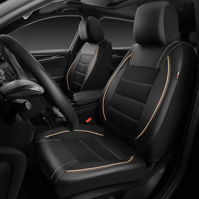 CAR PASS Universal FIT Piping Leather Two Front Seat Covers, Waterproof Faux Leather for SUV Sedan Van Truck, Airbag Compatible,Reserved Opening Holes for Headrest Covers. (Black and Beige)