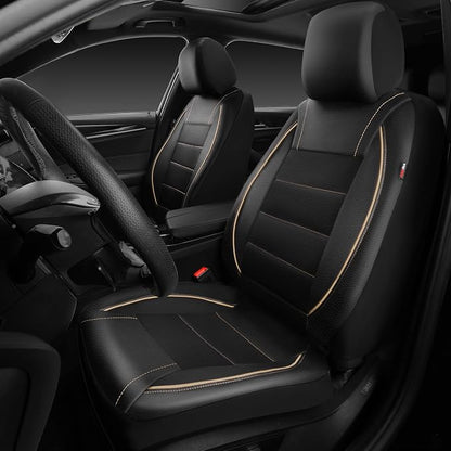 CAR PASS Universal FIT Piping Leather Two Front Seat Covers, Waterproof Faux Leather for SUV Sedan Van Truck, Airbag Compatible,Reserved Opening Holes for Headrest Covers. (Black and Beige)