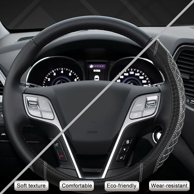 West Llama Customized Auto Car Steering Wheel Cover for Hyundai,Tucson,Sonata,Elantra,Santa Fe,Genesis,Sonata Hybrid,Azera,Venue,Kona, 14.5-15 inches(Diamond Quilted-Black+Gray-Standard Size)