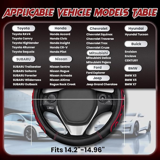 Ventilated Heart-Shaped Steering Wheel Cover with Anti-Slip Leather Grip. Compatible with Ford, Toyota, Honda, Nissan, and Chevrolet Vehicles for 14.5-15.2 inch Round Steering Wheels.