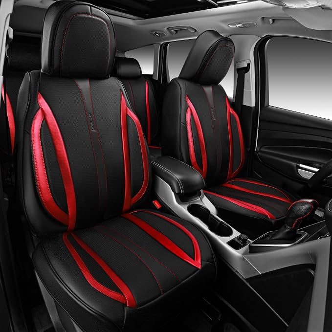 CAR PASS Nappa Leather Car Seat Covers, Durable Waterproof Luxury Universal Seat Covers for SUV Pick-up Truck Sedan, Anti-Slip Driver 5 Seat Covers Full Set with Backrest, Black Metallic Red