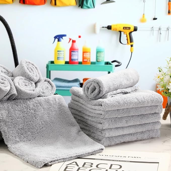 Shimeyao 30 Pcs Edgeless Microfiber Plush Towels for Cars Detailing Drying Wash Polishing Absorbent Cleaning Cloths, 500 GSM (16 x 16 Inch,Light Gray)