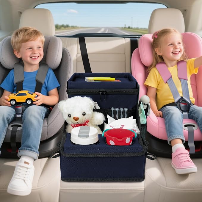 Car Hop Front Seat Organizer with Cup Holder, Movable Divider & Side Pockets, Passenger Seat Storage Caddy for Road Trip, Travel, Work or Kids, Blue