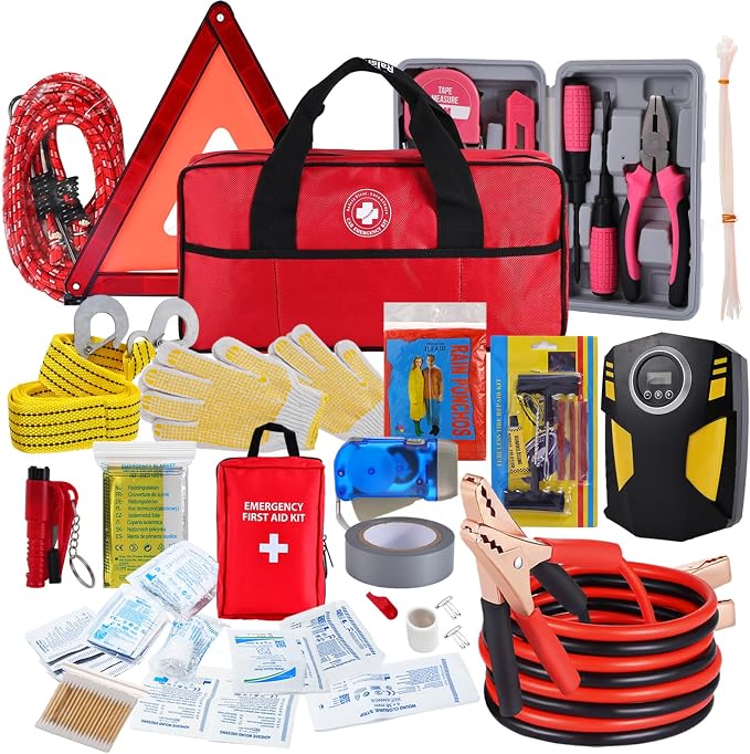 All-in-One Car Emergency Kit with Digital Tire Inflator, Jumper Cable, Tow Strap, Reflective Triangle, First Aid Kit, Hand Crank Flashlight, and Repair Tools for Roadside Safety (Red)