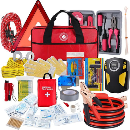 All-in-One Car Emergency Kit with Digital Tire Inflator, Jumper Cable, Tow Strap, Reflective Triangle, First Aid Kit, Hand Crank Flashlight, and Repair Tools for Roadside Safety (Red)