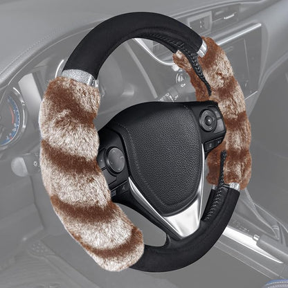 BDK Bear Fur Steering Wheel Cover, Plush Faux Fur Fuzzy Steering Cover for Car Truck Van SUV, Standard Size Fits Wheels 14.5-15 in Diameter, Two Tone Black/Brown with Glitter