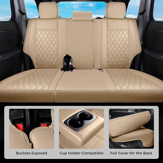 Huidasource Upgrade Grand Cherokee Seat Covers, Full Coverage Waterproof Leather Car Seat Covers, Custom Seat Cushion Protector Fit for Jeep Grand Cherokee 2011-2021 (Full Set/Beige)