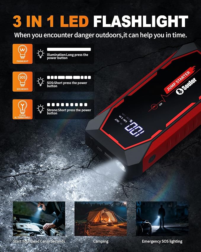 Jump Starter, 5000A Battery Jumper Starter Portable, Car Battery Jump Starter, Power Booster Pack 12V Lithium Jump Box with Jumper Cable and LED Lights (All Gas / 12L Diesel Engines)