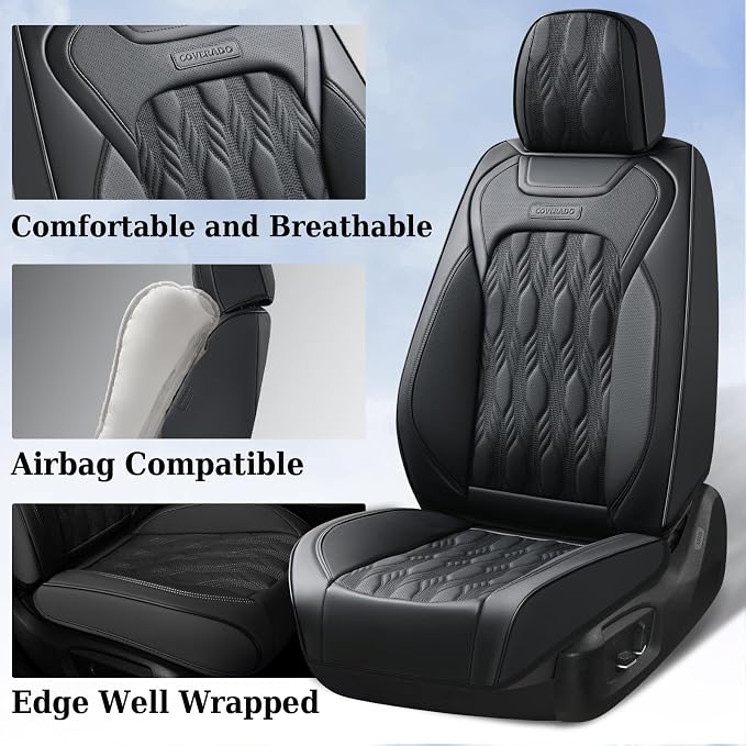 Coverado Car Seat Cover, Black Luxury Seat Cover for Cars, Premium Nappa Leather Seat Covers Full Set with Embossed Pattern, Waterproof Car Seat Protector Car Seat Cushions Universal Fit Most Vehicle