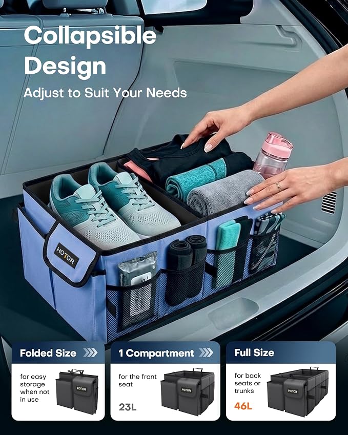 HOTOR Trunk Organizer for Car - Car Organizer, Foldable Trunk organizer for SUVs & Sedans, Sturdy Organization for Car Accessories, Tools, Sundries, Blue, 2 Compartments, 21.3"×12.6"×10.6" | Foldable