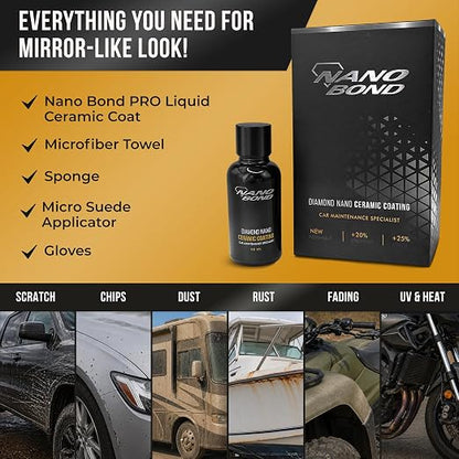Nano Bond Ceramic Coating 9H PRO (60ML), Car, Plastic, Glass, and Wheel Exterior Care Product kit, Hydrophobic, Long Lasting Professional Care, High Gloss Paint Shine, Automotive Polishing Sio2