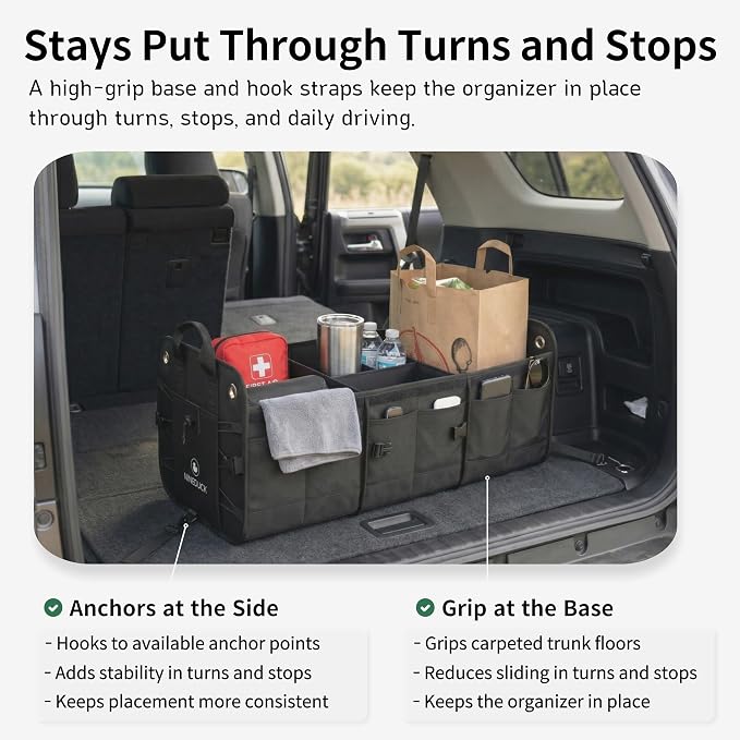 1680D Trunk Organizer with Lid, Extra-Large 114L Collapsible Cargo Organizer for SUVs, Trucks & Large Cargo Areas, Rigid PP Panels, 800D x 800D Weave, Water-Repellent, Anti-Sag Design