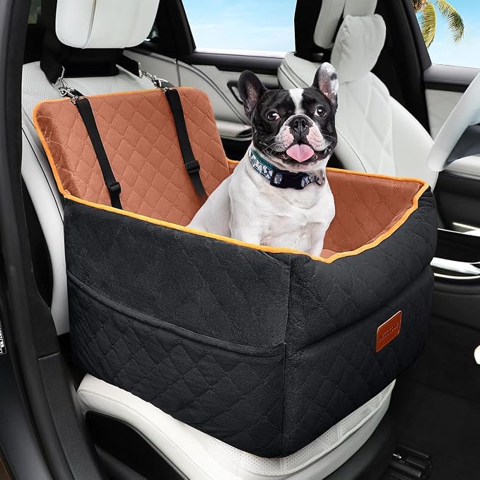 HEGGCOOE Small Dog Car Seat, Memory Foam Dog Booster Seats with Thick Cushion for Medium Dogs Under 35lbs, Detachable Washable Pet Car Seat Travel Bed with Storage Pockets,2 Safety Belts